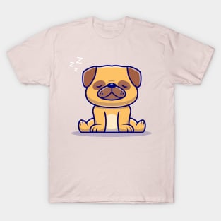 Cute Pug Dog Sitting And Sleeping Cartoon T-Shirt
